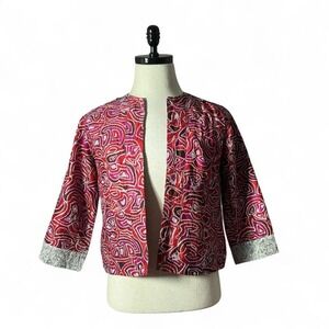 VTG Chicos Embroidered Silk Jacket Women's Size‎ 0 Red Pink Geometric 3/4 Sleeve